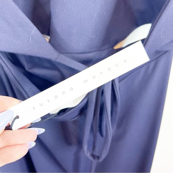 NWT Susana Monaco Cut Out Waist High Low Midi Halter Dress L Blue - Picture 7 of 7